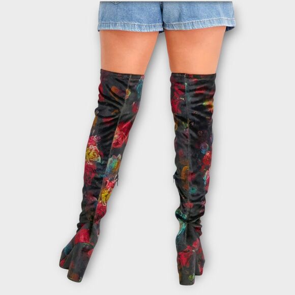 Madden Girl Groupie Black Floral Velvet Over The Knee Platform Heel Boot Size 9 - Picture 5 of 13
